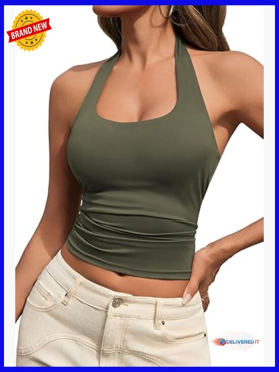 Tops - Sexy Halter Neck Backless Tank Top, Stretchy Yoga Fabric, Double-Lined Bust